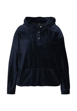 Sudadera de pana azul marino con un bolsillo frontal, capucha con cordones ajustables y tapeta de tres botones. Textura suave con patrón acanalado.
