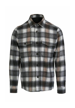Plaid shirt in gray, white, and brown, made from flannel. Features a collar, front buttons, and two chest pockets with button flaps.