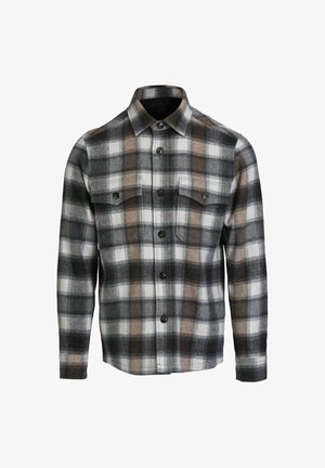 Plaid shirt in gray, white, and brown, made from flannel. Features a collar, front buttons, and two chest pockets with button flaps.