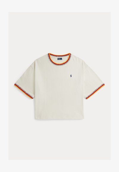 Short-sleeve white t-shirt with contrasting red, yellow, and black stitched trim on collar and sleeves, and small blue logo on chest.