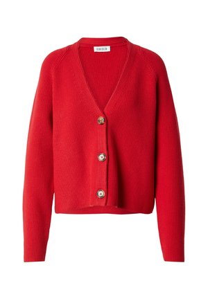 Rode geribbelde cardigan met een v-hals, voorzien van drie knopen aan de voorkant en lange mouwen. De gestructureerde stof geeft een gezellige uitstraling.