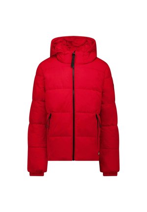 Red puffer jacket with hood, front zipper, and two zippered side pockets, displayed on a white background.
