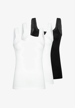 Drei ärmellose Damen-Tanktops in Schwarz und Weiß, jeweils mit Spitzenbesatz entlang des Halsausschnitts und der Träger.
