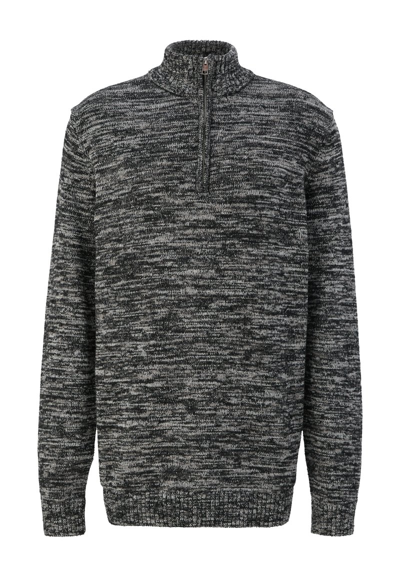 Grauer und schwarzer melierter Pullover mit hohem Kragen, halbem Reißverschluss, gerippten Bündchen und Saum. Verfügt über ein strukturiertes Strickmuster im gesamten Design.