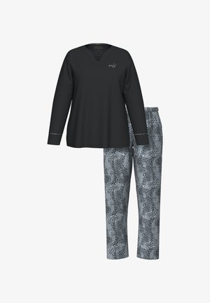 Long-sleeve black top with a V-neck and a small text detail; paired with gray pants featuring a black leopard print pattern.