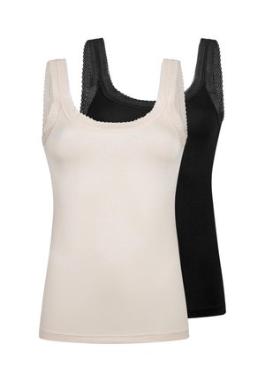 Zwei ärmellose Damen-Camisole mit Spitzenbesatz, eine beige vorne und eine schwarze dahinter, auf weißem Hintergrund präsentiert.