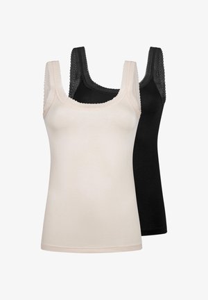 Zwei ärmellose Damen-Camisole mit Spitzenbesatz, eine beige vorne und eine schwarze dahinter, auf weißem Hintergrund präsentiert.