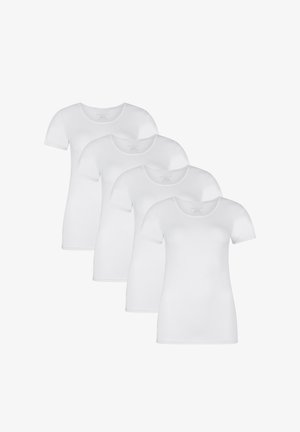 Hvide bomulds t-shirts, korte ærmer, rund hals, tætsiddende design. Fyrrer identiske skjorter stablet, glat tekstur, ingen synlige mønstre eller accenter.