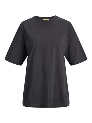 Must suurte mõõtmetega lühikeste varrukatega ümara kaelusega T-särk, lõdva lõikega, lihtsa disainiga ilma nähtavate logode või mustriteta.