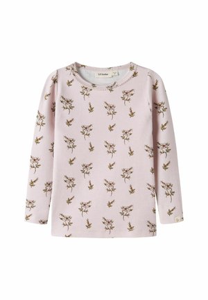 Chemise rose clair à manches longues avec petit motif floral marron et blanc et un col rond avec un détail de couture subtil.