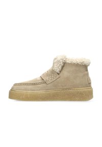 Beige suede ankle boots with a textured shearling collar and a soft, thick sole. Features stitched detailing and a decorative strap.