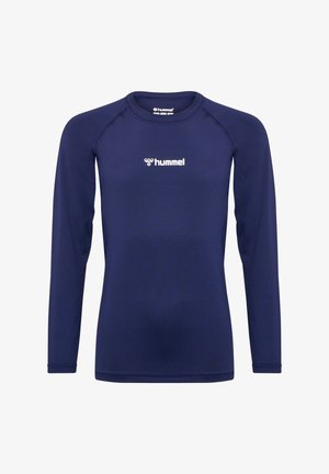 Marinefarbener, langärmeliger Sportshirt aus glattem, dehnbarem Stoff; hat einen runden Ausschnitt und ein weißes Logo auf der Brust.