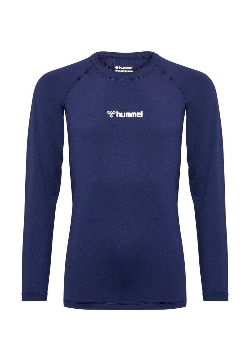 Marinefarbener, langärmeliger Sportshirt aus glattem, dehnbarem Stoff; hat einen runden Ausschnitt und ein weißes Logo auf der Brust.
