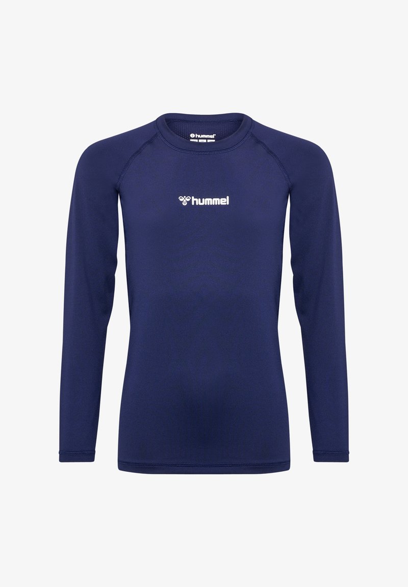 Marinefarbener, langärmeliger Sportshirt aus glattem, dehnbarem Stoff; hat einen runden Ausschnitt und ein weißes Logo auf der Brust.