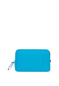 Pouch da viaggio in silicone blu con forma rettangolare, caratterizzato da un motivo testurizzato e una chiusura con zip. Include un comodo anello per il trasporto.