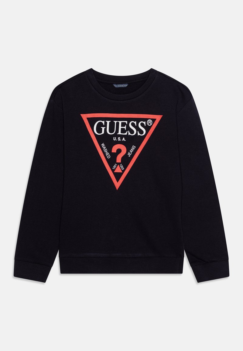 Fekete pulóver kerek nyakkal, piros háromszög logóval, amely tartalmazza a "GUESS U.S.A." szöveget és szimbólumokat.