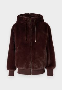 Hoodie en fausse fourrure bordeaux avec une fermeture éclair à l'avant, cordons de serrage ajustables et poignets côtelés. Texture douce et apparence moelleuse.