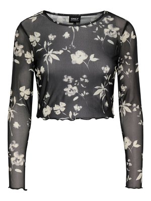 Black sheer long-sleeve crop top with white floral patterns, scalloped hem, and a round neckline; lightweight, textured fabric.