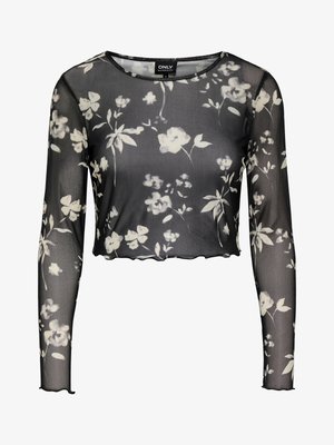 Musta läpikuultava pitkähiha crop-toppi valkoisilla kukkakuvioilla, aaltoilevalla helmalla ja pyöreällä pääntiellä; kevyt, teksturoitu kangas.