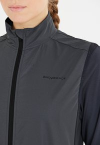 Grau Weste mit hohem Kragen, durchgehendem Reißverschluss und schwarzen Akzenten. Sie zeichnet sich durch ein schlankes, leichtes Design aus und trägt das "ENDURANCE" Logo auf der Brust.