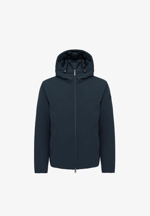 Chaqueta de plumas azul marino con capucha, cierre de cremallera, bolsillos laterales, tela suave y forro acolchado. Presenta botones a presión en la capucha.
