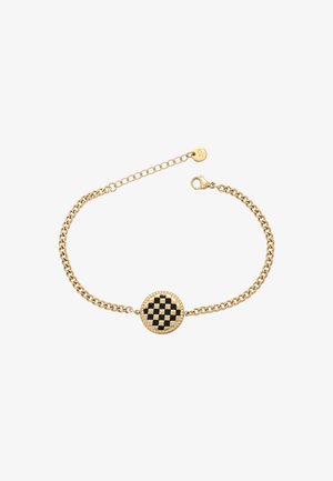 Aranylánc karkötő, kerek fekete-fehér sakktáblaszerű charmsal, textúrált kerettel és homárzárral.