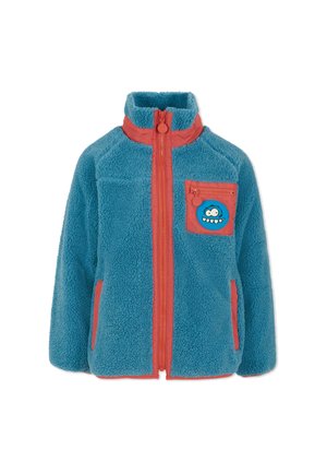 Giacca in pile turchese e corallo, con zip completa, colletto rialzato, tasche laterali e una patch di un cartone animato sulla tasca del petto.