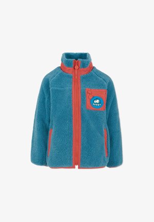 Veste en polaire turquoise et corail, avec une fermeture éclair intégrale, un col montant, des poches latérales et un patch de dessin animé sur la poche poitrine.