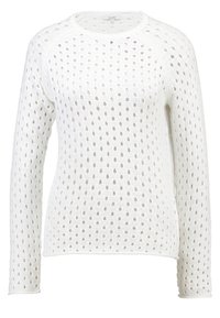 Pull en tricot blanc avec un motif ajouré texturé, encolure ronde et manches longues. Tissu léger et respirant.