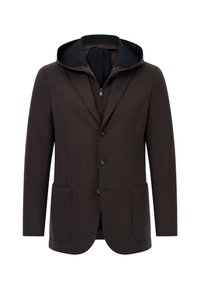 Tumši brūns žakets ar rāvējslēdzēja priekšpusi, izgrieztu apkakli un pievienotu melnu kapuci. Iespējas divas priekšējās kabatas un trīs pogas. Gluda tekstūra.