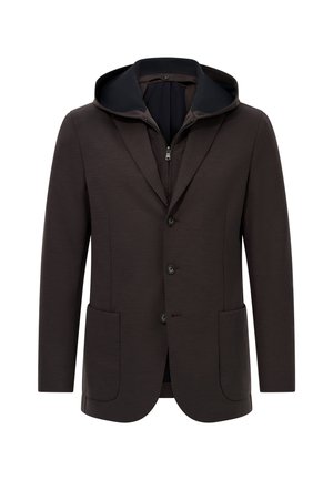 Blazer marrone scuro con apertura a zip, rever a punta e cappuccio nero attaccato. Dispone di due tasche frontali e tre bottoni. Tessuto liscio.