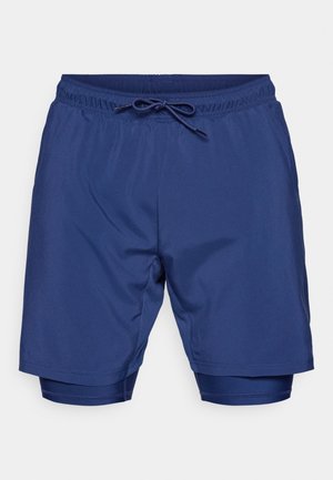 Navy blue swim shorts with an elastic waistband and drawstring, featuring a plain design and fitted inner liner.