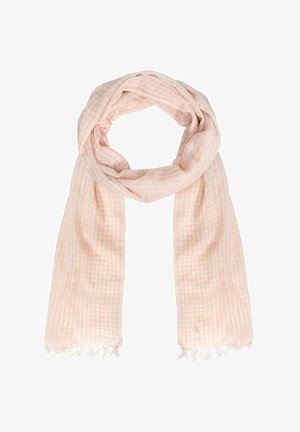 Jasnoróżowy szalik w kratę, wykonany z miękkiego materiału, z frędzlami na brzegach i małą metką z logo.