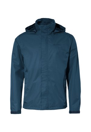 Herren wasserdichte Jacke in Dunkelblau, mit einem Frontreißverschluss, verstellbarer Kapuze und elastischen Bündchen. Glattes, leichtes Material ohne sichtbare Muster.