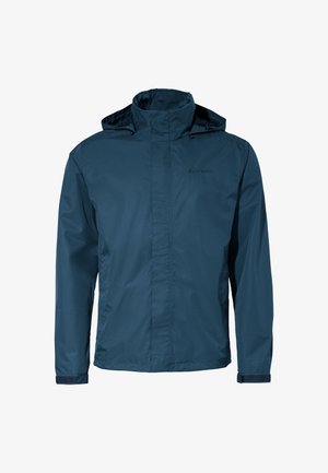Veste imperméable pour homme de couleur bleu foncé, dotée d'un zip avant, d'une capuche réglable et de poignets élastiques. Tissu lisse et léger sans motifs visibles.
