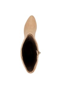Beige suede ankle boot with a pointed toe and smooth texture. Inside view shows soft lining and a small gold zipper accent at the side.