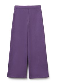Pantaloni viola a gamba larga realizzati in tessuto morbido, con vita alta e linee pulite. Nessun motivo o decorazione visibile.