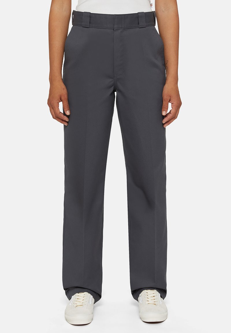 Gray straight-leg trousers with a medium waistband, two side pockets, a smooth texture, and worn with light-colored sneakers.
