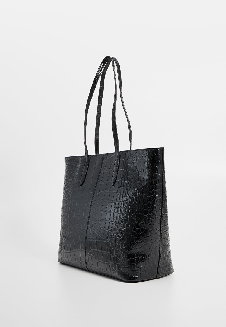 Black vegan leather tote bag with a glossy croc-embossed texture, two long handles, and a structured rectangular shape.
