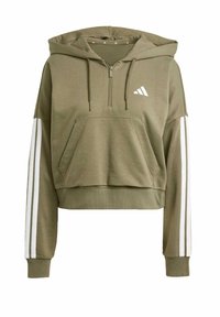 Olivgrön croppad hoodie med framficka, dragkedjestängning och vita tre-randiga detaljer på ärmarna. Blandning av bomull; avslappnad passform.