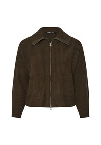 Brun, stickad zip-up jacka med bred krage och långa ärmar. Texturerad tyg har ett ribbat mönster och en metallisk dragkedjespärr.