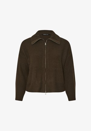 Ruskea neulevetoketjullinen takki, jossa on leveä kaulus ja pitkät hihat. Rakenne on tekstiiliä, jossa on röyhelökuvio ja metallinen vetoketju.