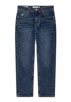 Jeans blu scuro a gamba dritta con tasche frontali, chiusura con bottone e cerniera, e etichetta "project blue" sulla piccola tasca frontale.