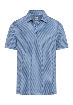 Blaues kurzärmeliges Poloshirt mit kleinem weißem geometrischem Muster, 2-Knopfleiste und einem offenen Kragen.