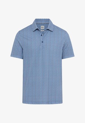 Blauw poloshirt met korte mouwen, voorzien van een klein wit geometrisch patroon, tweeknopsplooi en een spreidkraag.