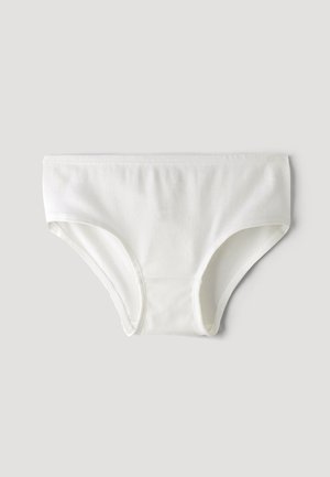 Weiße Baumwollunterhose mit glatter Textur, niedrigem Schnitt und elastischem Bund. Einfacher Schnitt ohne Muster oder Verzierungen.