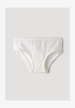 Witte katoenen slip met een gladde textuur, lage taille en elastische tailleband. Kenmerkt zich door een eenvoudige constructie zonder patronen of versieringen.