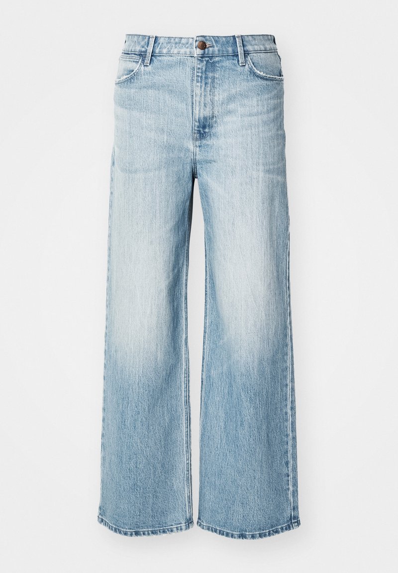 Jasnoniebieskie dżinsy o szerokich nogawkach wykonane z denimu. Posiadają pięć kieszeni, paski do paska i zamek z przodu. Pralnia w odcieniu wyblakłym z subtelną teksturą.