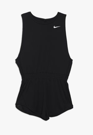 Combinaison noire sans manches Nike avec taille élastique et jambes courtes, avec un logo Nike swoosh blanc sur la poitrine.