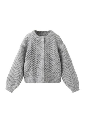Cardigan en tricot gris avec un motif chevron texturé, doté d'un col rond et de cinq boutons à l'avant. Manches bouffantes amples qui s'affinent aux poignets.